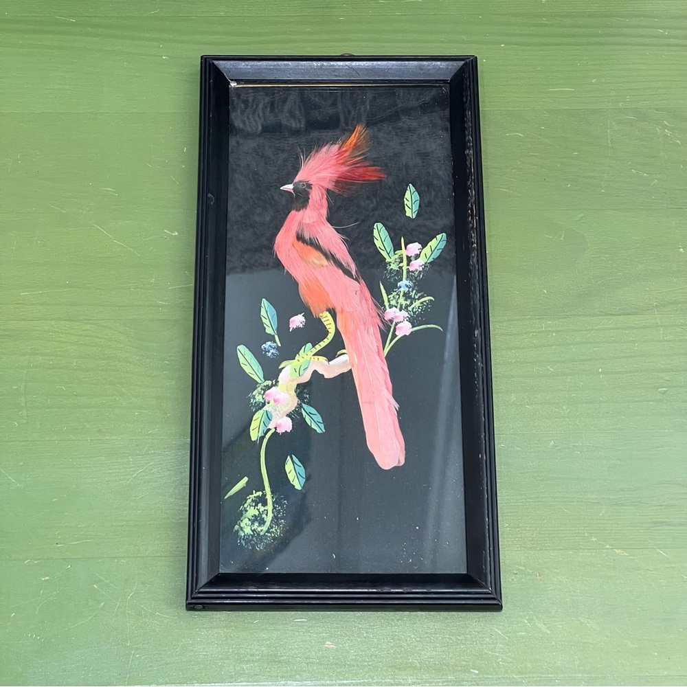 Vintage Feather Art Cardinal Bird Framed Feathercraft Plumería